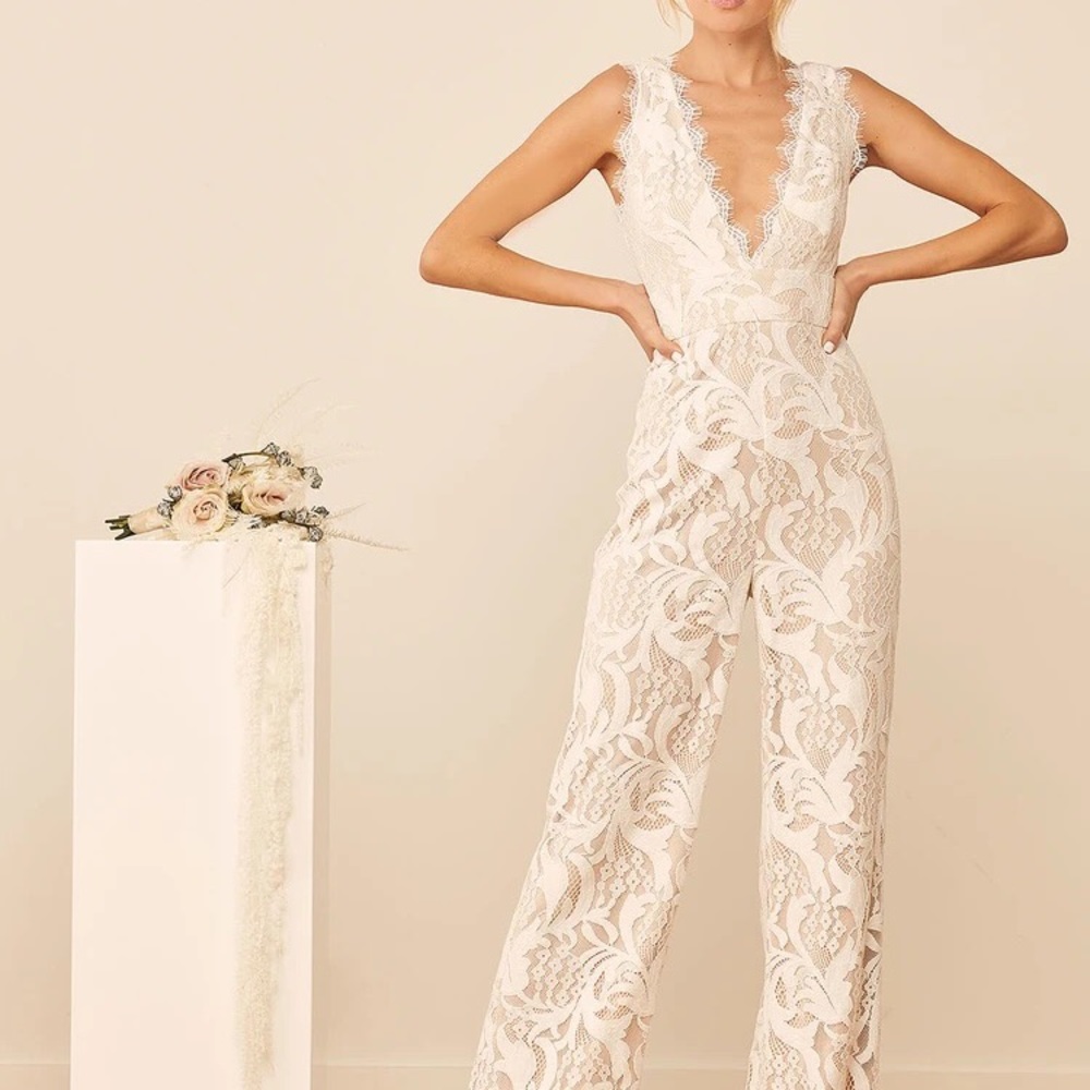 Lulu’s Enamored with You white lace jumpsuit